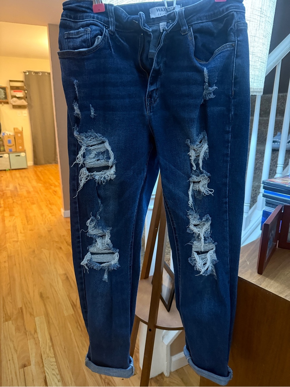 Wax Jean Dark Blue Distressed Boyfriend Jeans